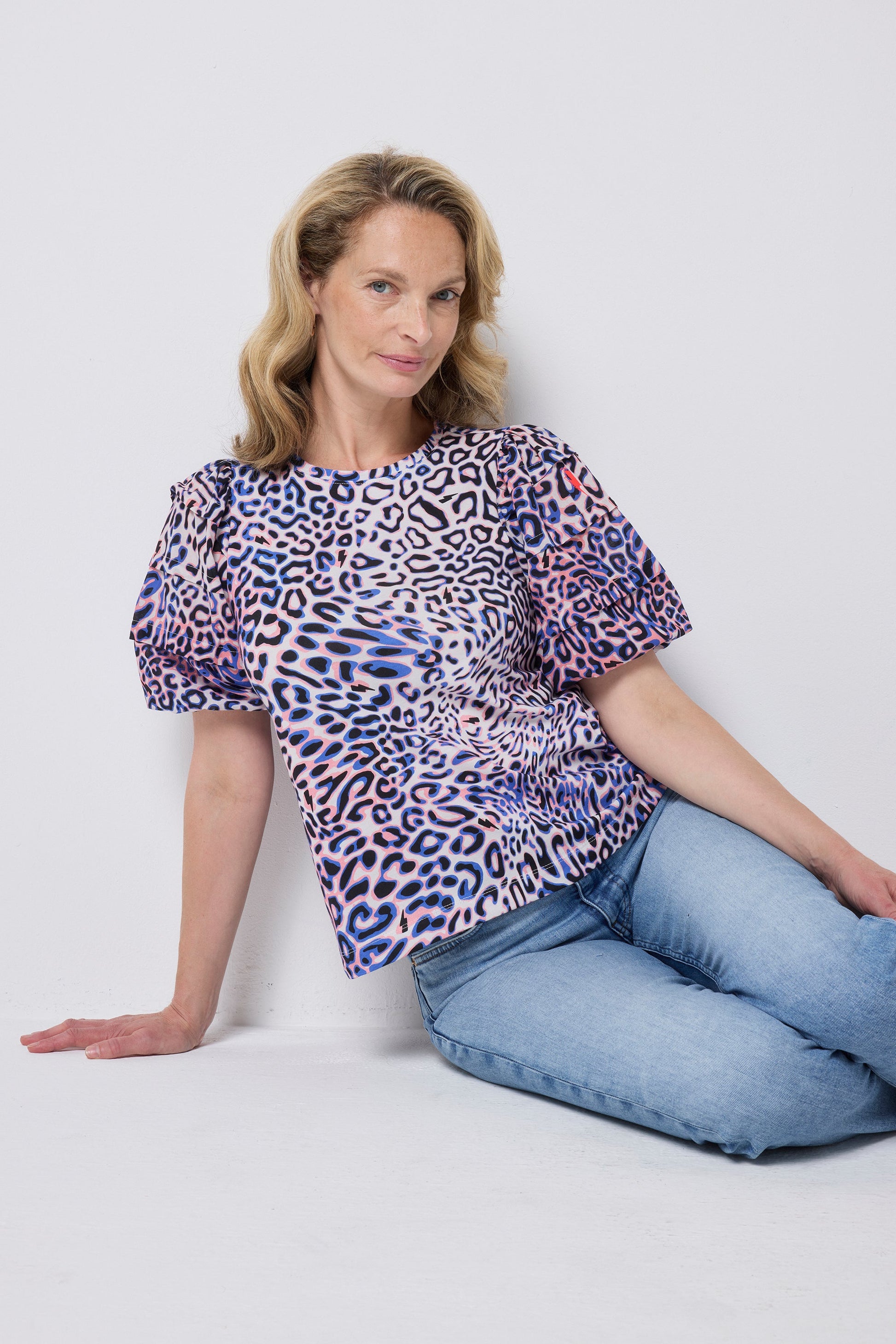 White with Blue and Pink Leopard Ray Pintuck Sleeve T-Shirt