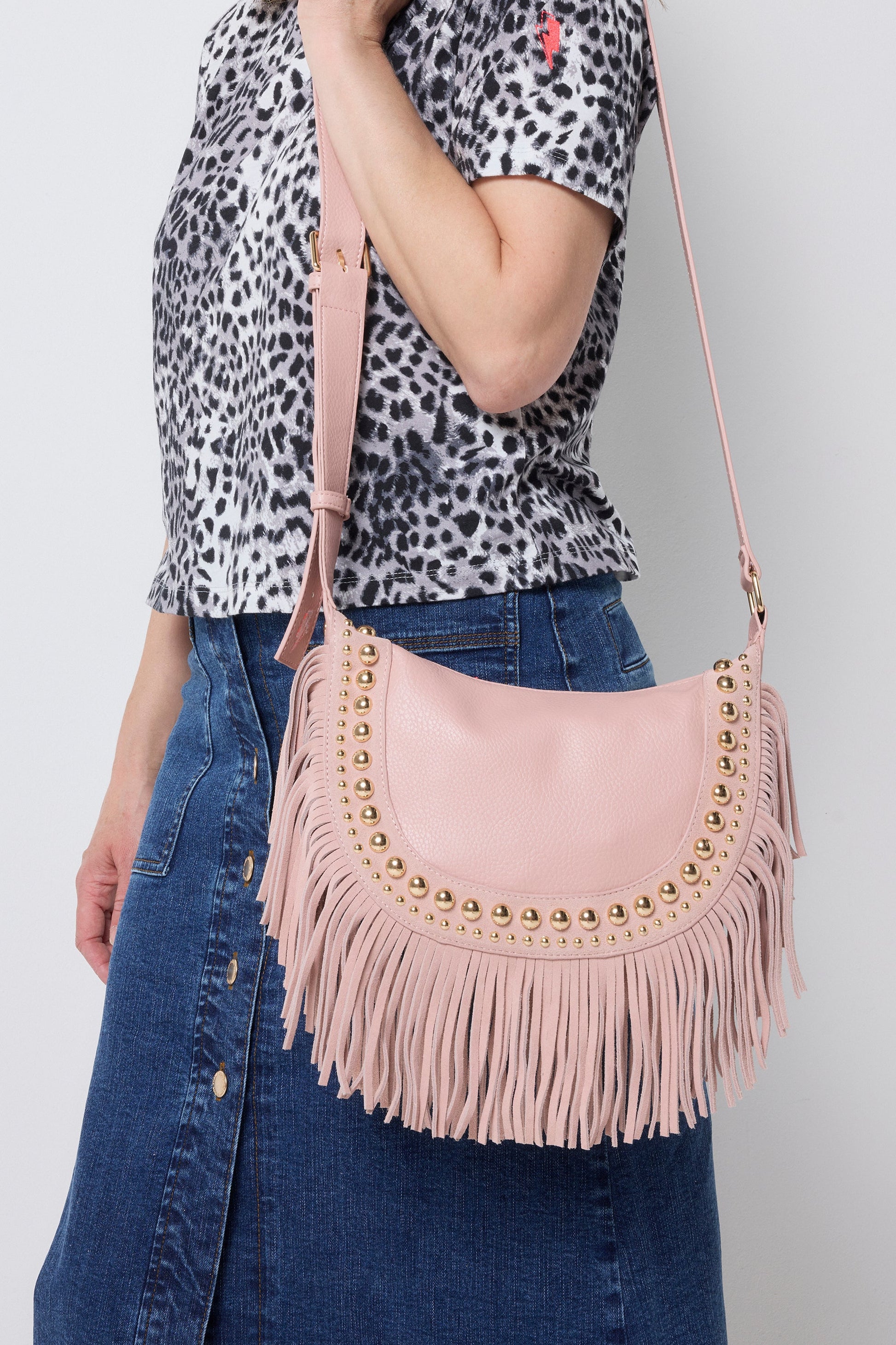 Light Pink Studded Suede Fringed Cross Body Bag