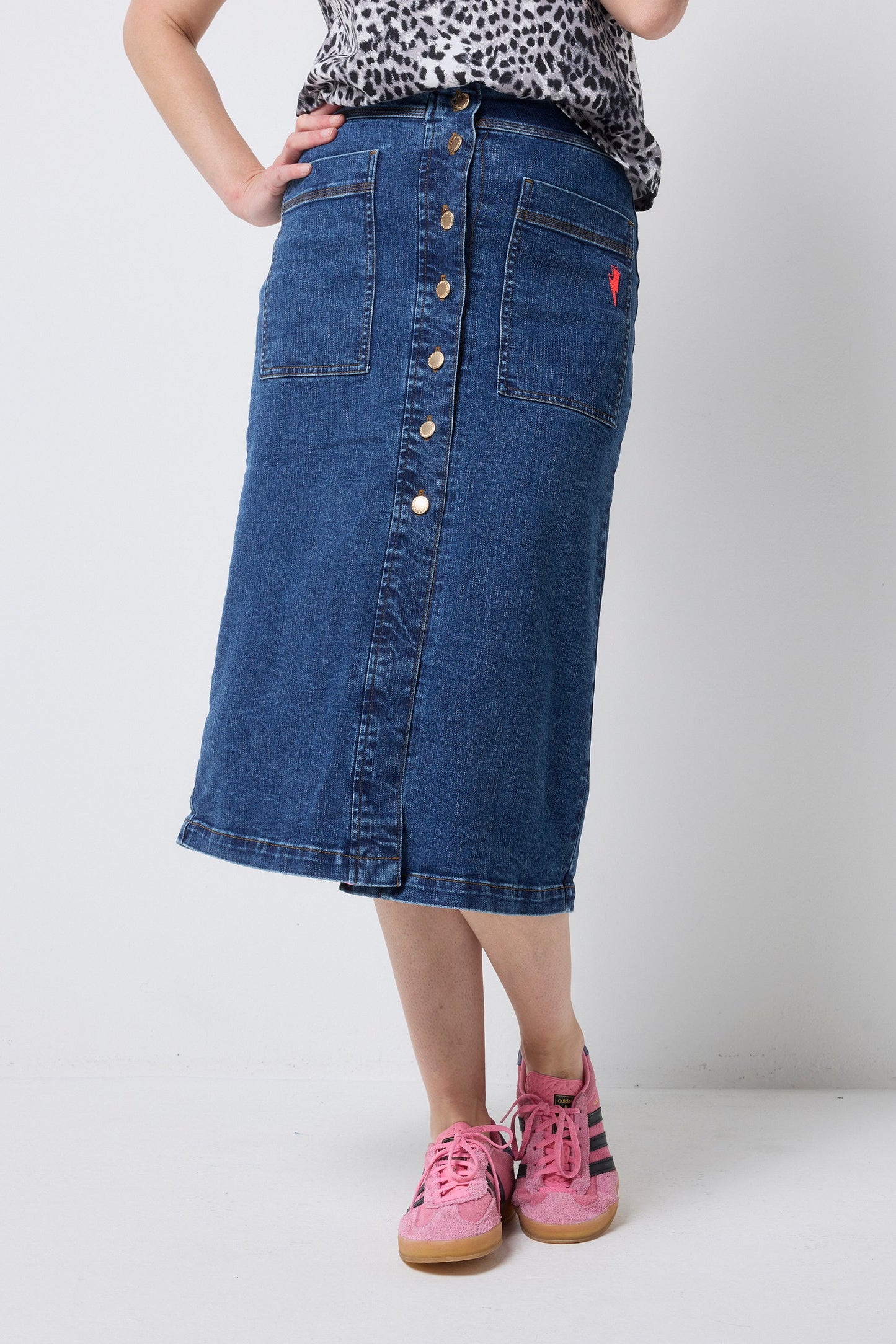 Authentic Indigo Button Front A-Line Denim Midi Skirt