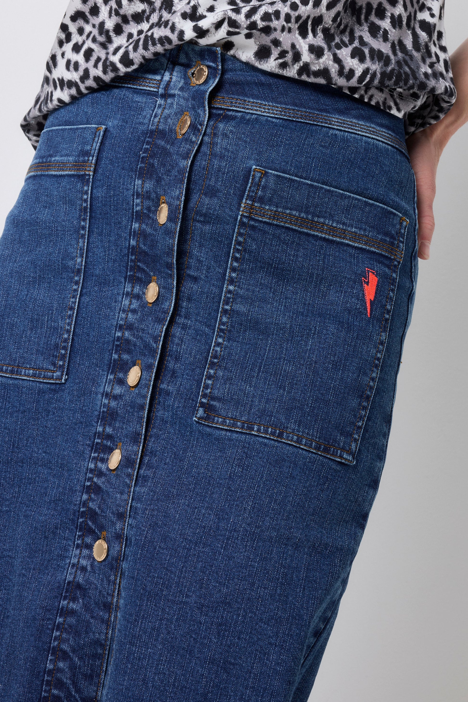 Authentic Indigo Button Front A-Line Denim Midi Skirt