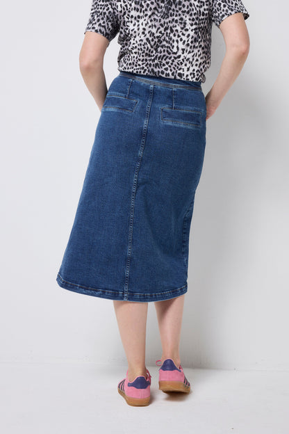 Authentic Indigo Button Front A-Line Denim Midi Skirt