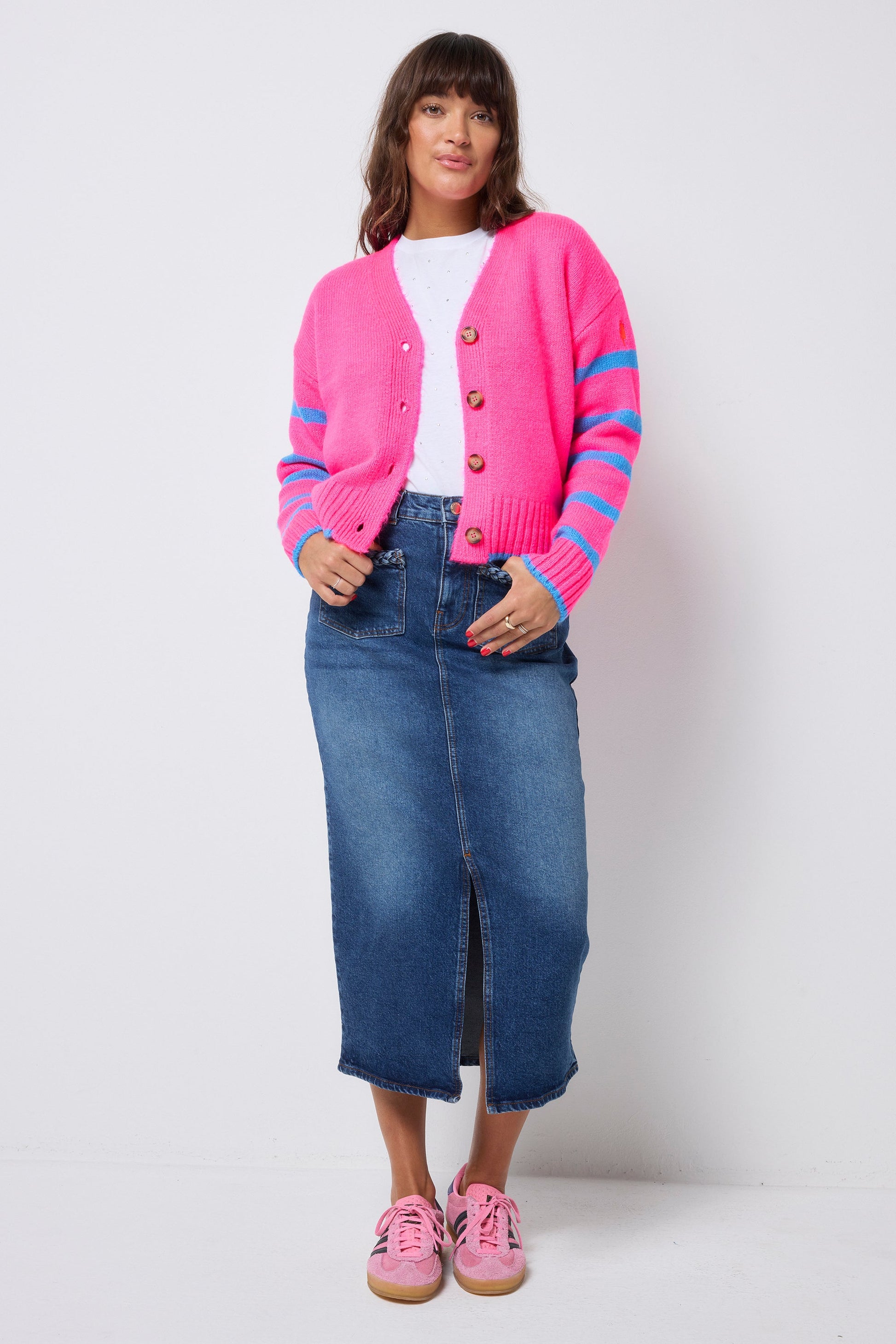 Neon Pink with Blue Stripe Cardigan