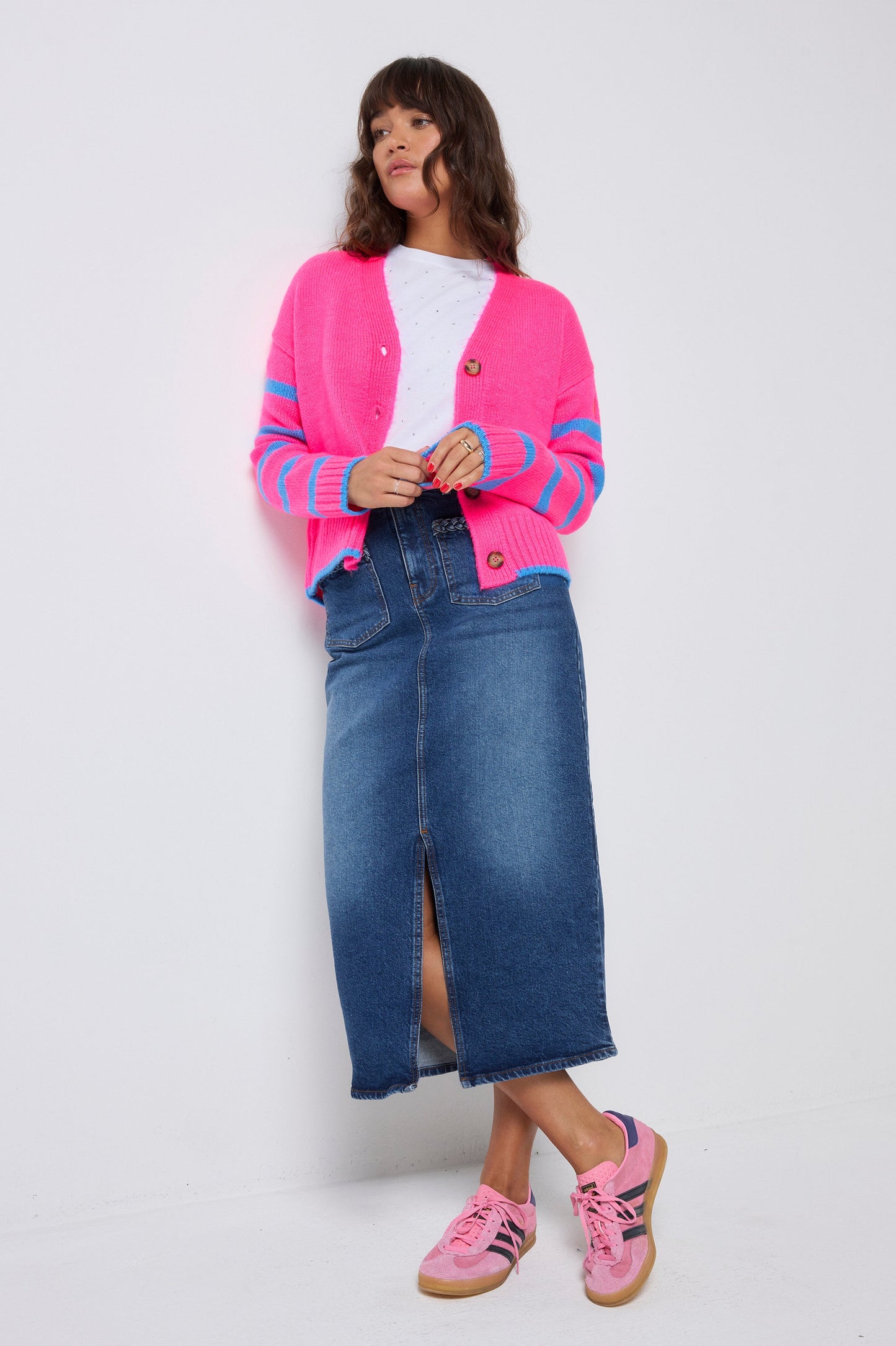 Neon Pink with Blue Stripe Cardigan