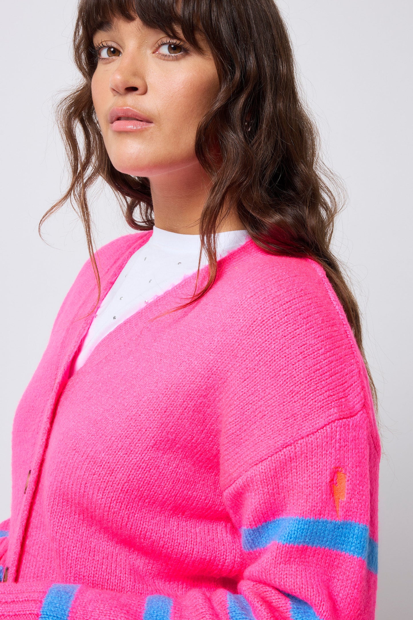 Neon Pink with Blue Stripe Cardigan