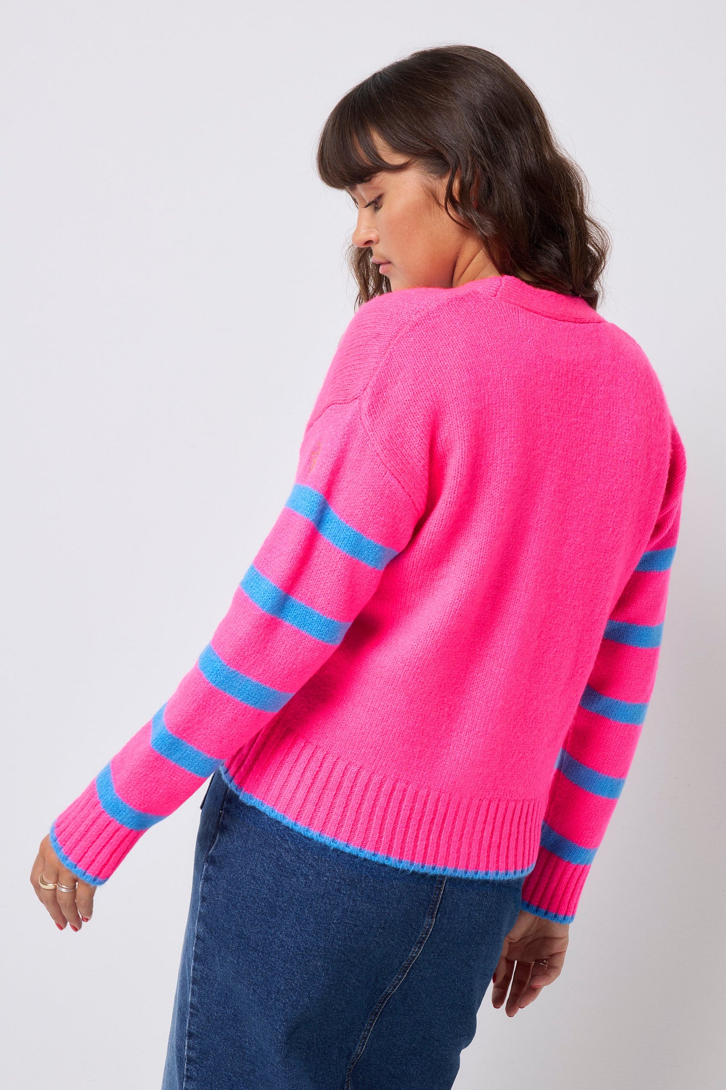 Neon Pink with Blue Stripe Cardigan