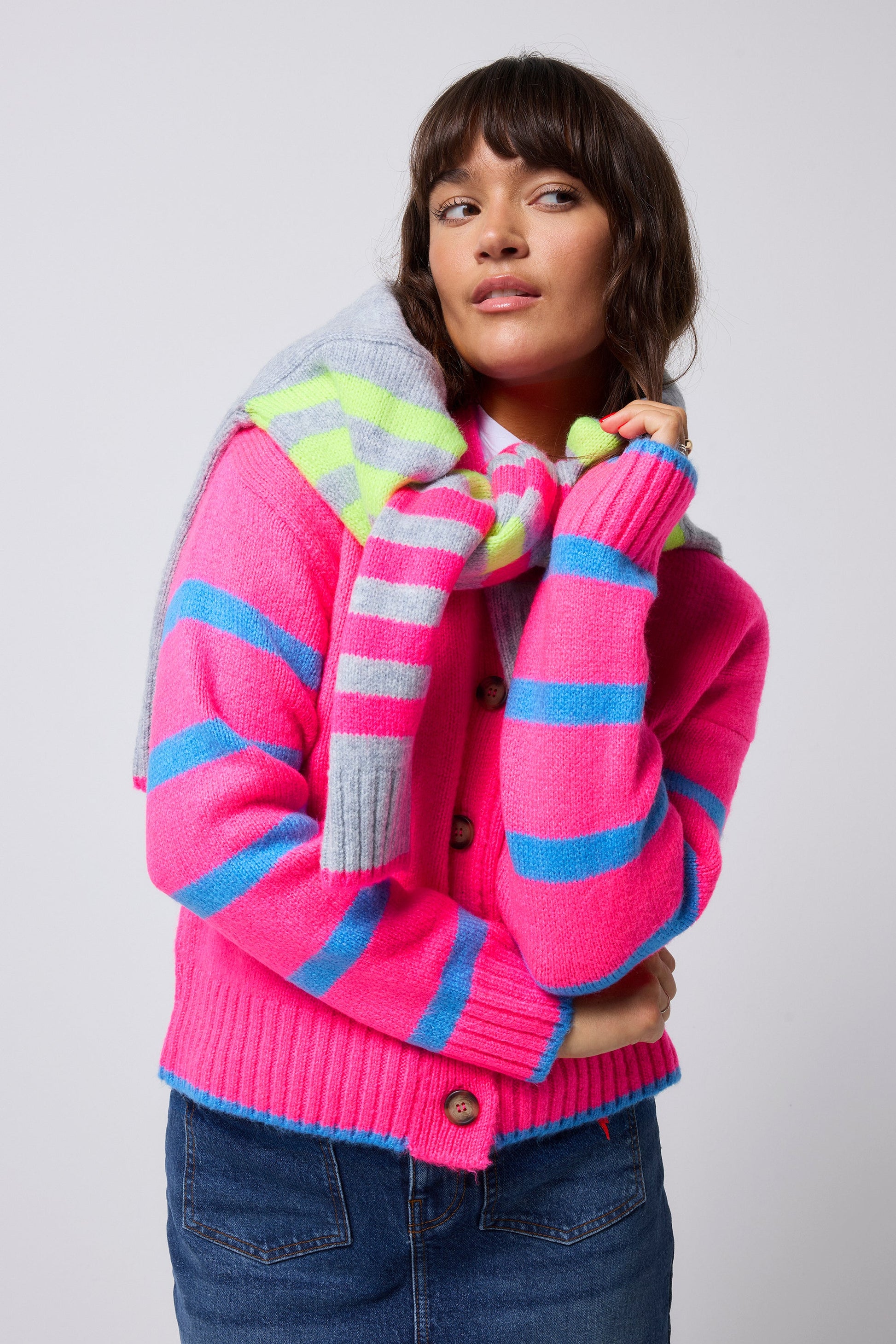 Neon Pink with Blue Stripe Cardigan