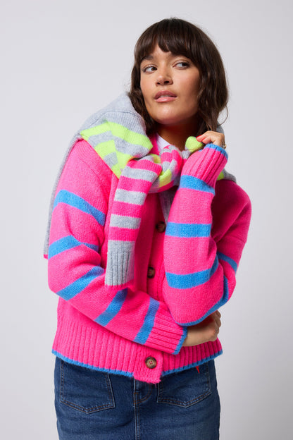 Neon Pink with Blue Stripe Cardigan