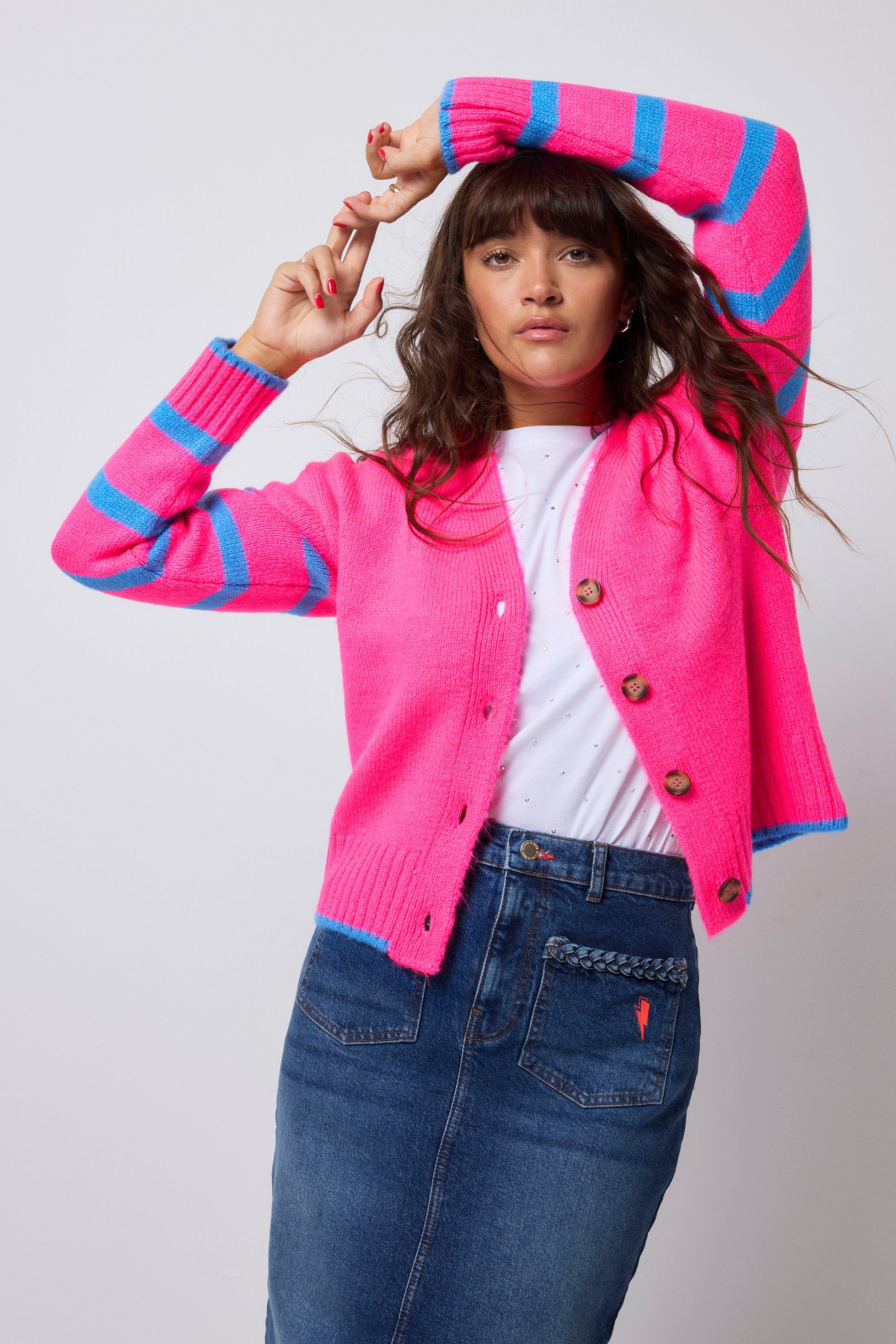 Neon Pink with Blue Stripe Cardigan