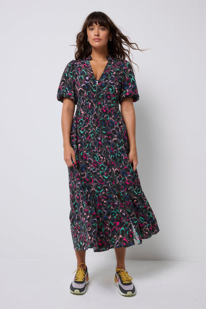 Grey with Rainbow Ziggy Leopard Zip Front Midi Tiered Dress