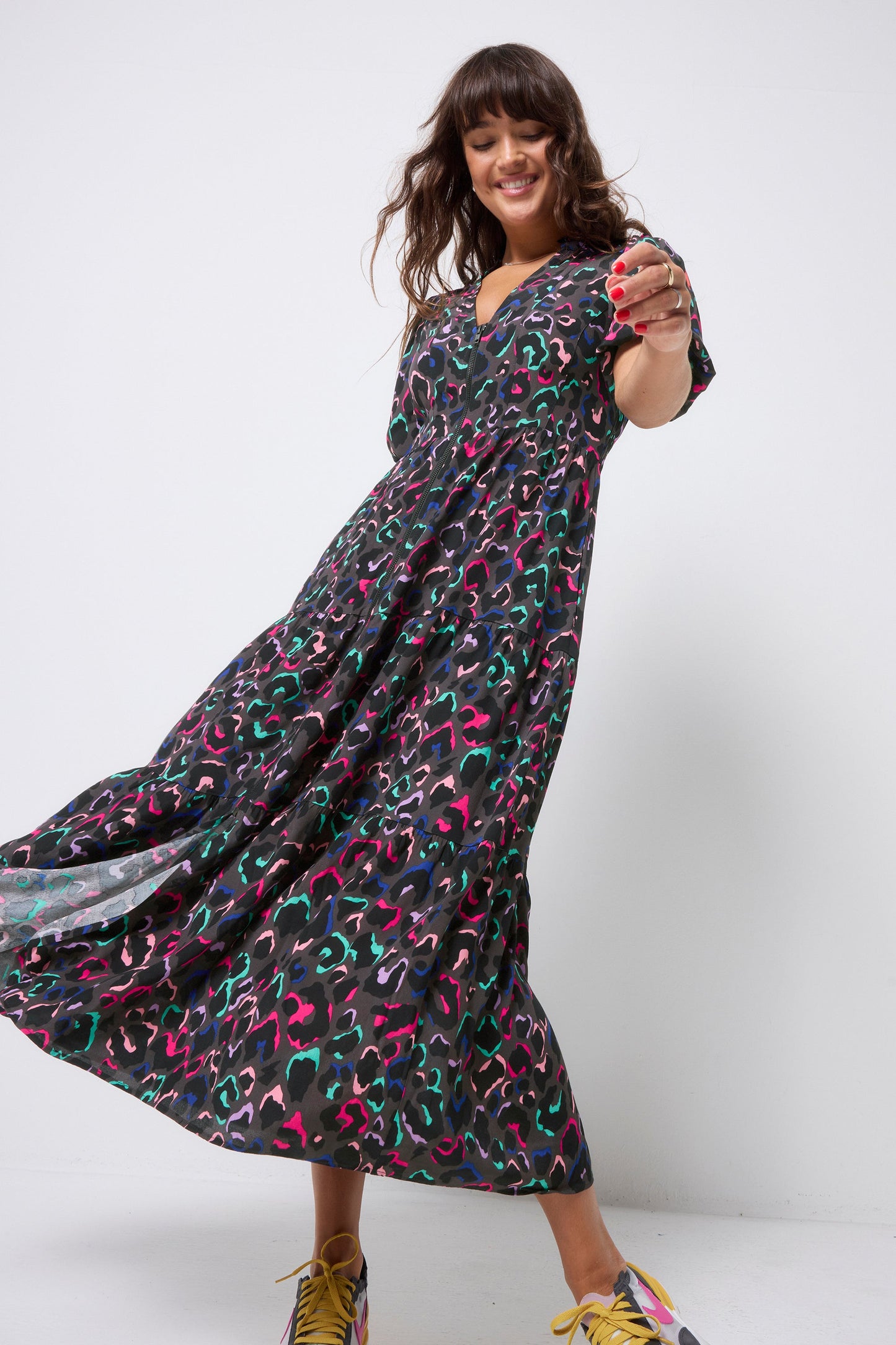 Grey with Rainbow Ziggy Leopard Zip Front Midi Tiered Dress
