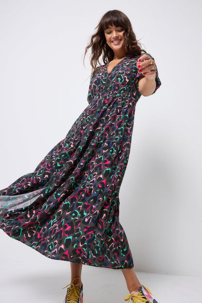 Grey with Rainbow Ziggy Leopard Zip Front Midi Tiered Dress