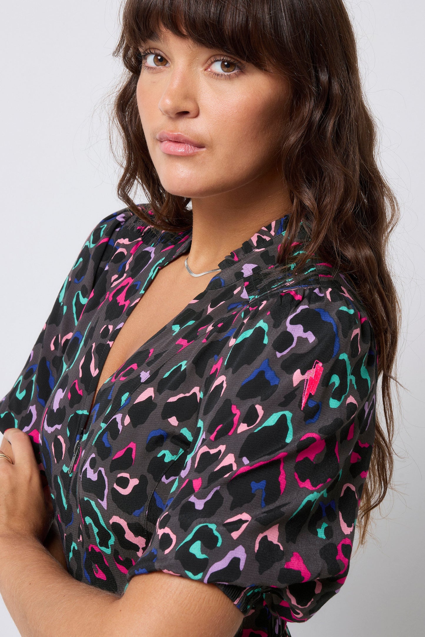 Grey with Rainbow Ziggy Leopard Zip Front Midi Tiered Dress