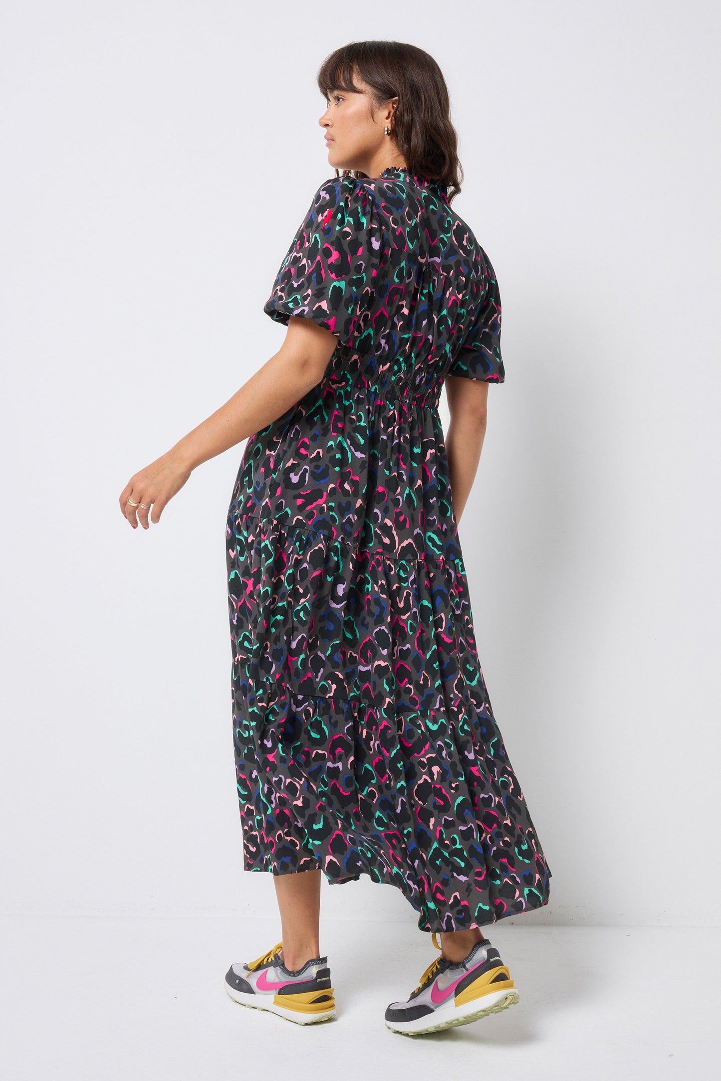 Grey with Rainbow Ziggy Leopard Zip Front Midi Tiered Dress