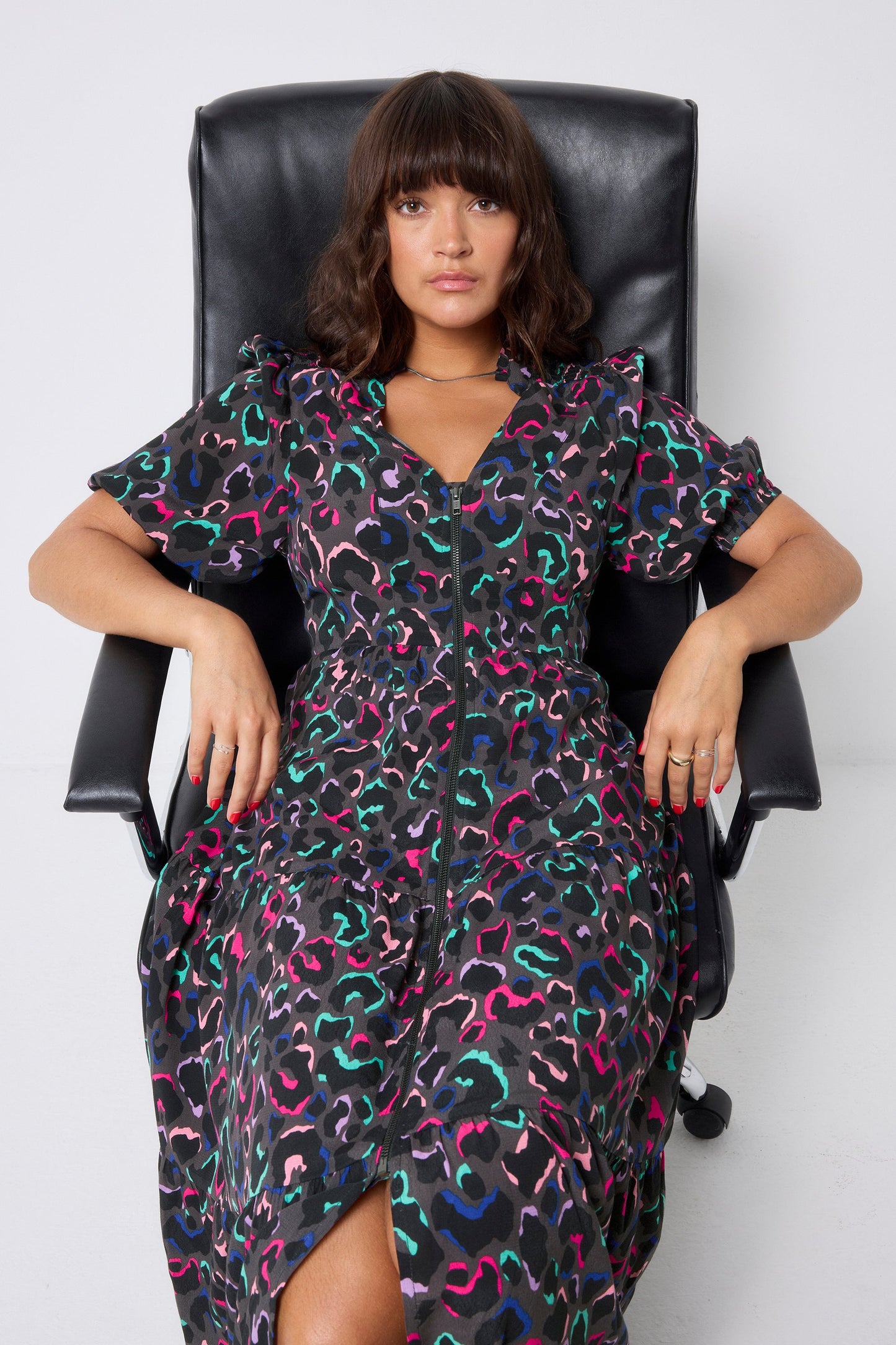 Grey with Rainbow Ziggy Leopard Zip Front Midi Tiered Dress