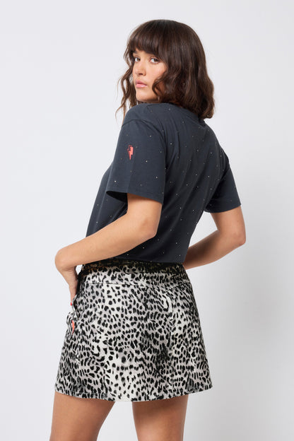 Grey Cheetah Zip Front Denim Mini Skirt