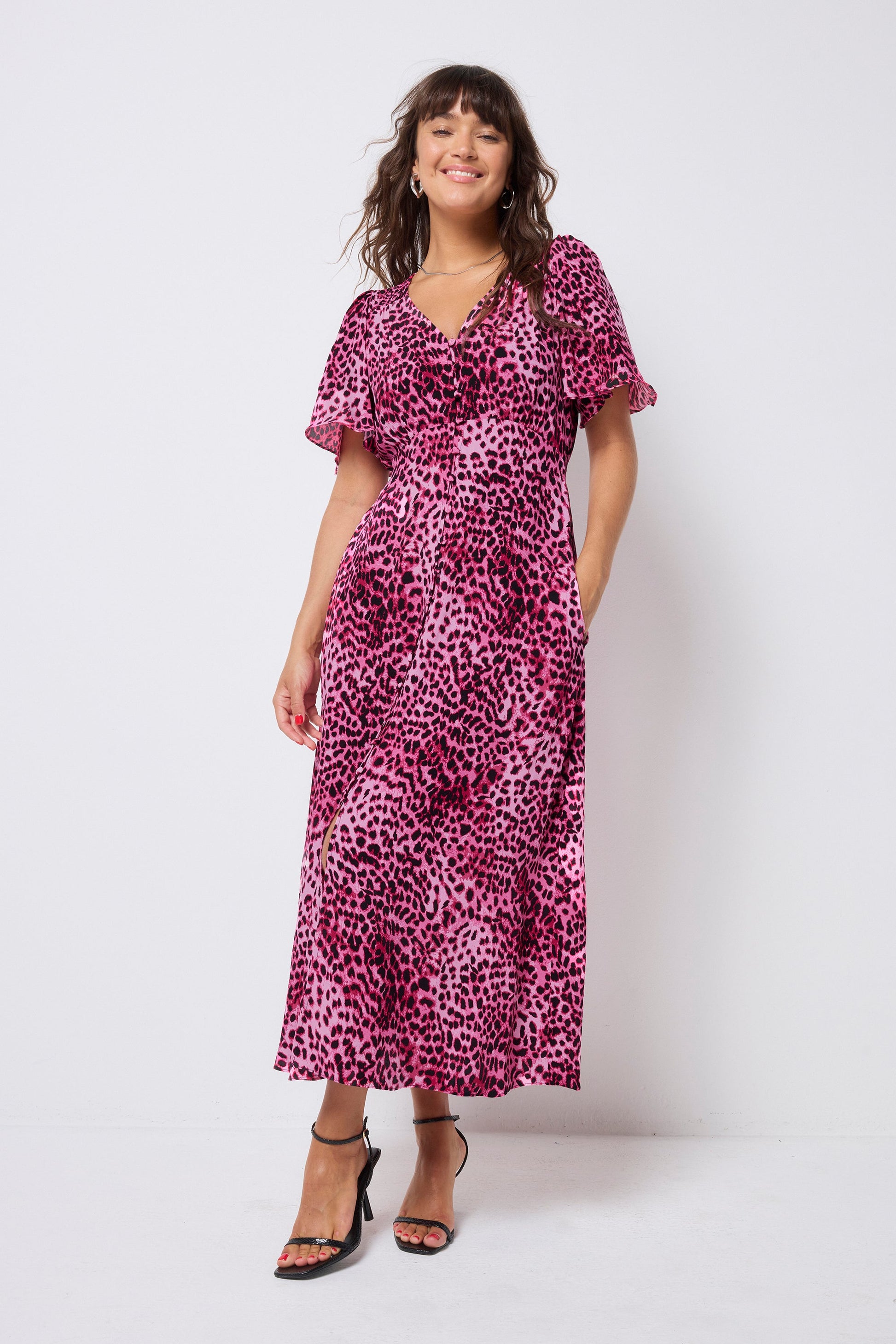 Bright Pink with Black Cheetah Angel Sleeve Midi Tea Dress