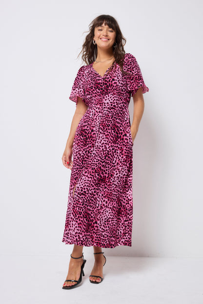 Bright Pink with Black Cheetah Angel Sleeve Midi Tea Dress