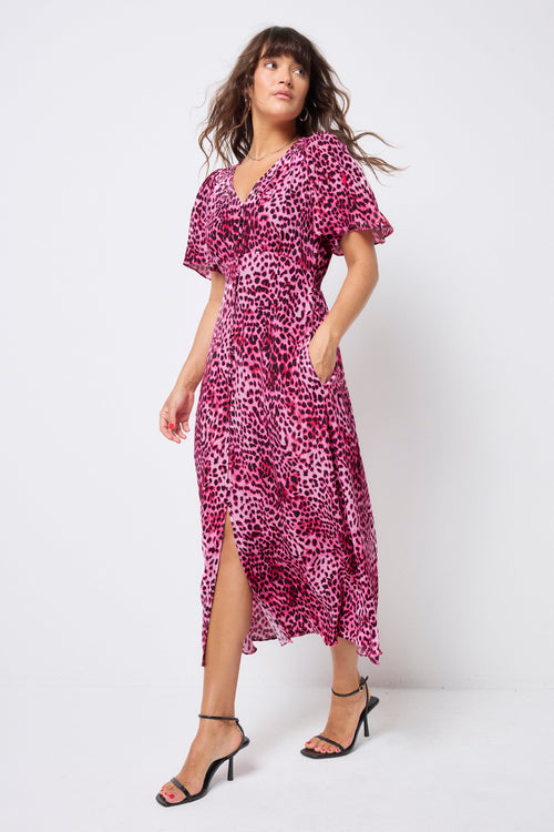 Bright Pink with Black Cheetah Angel Sleeve Midi Tea Dress