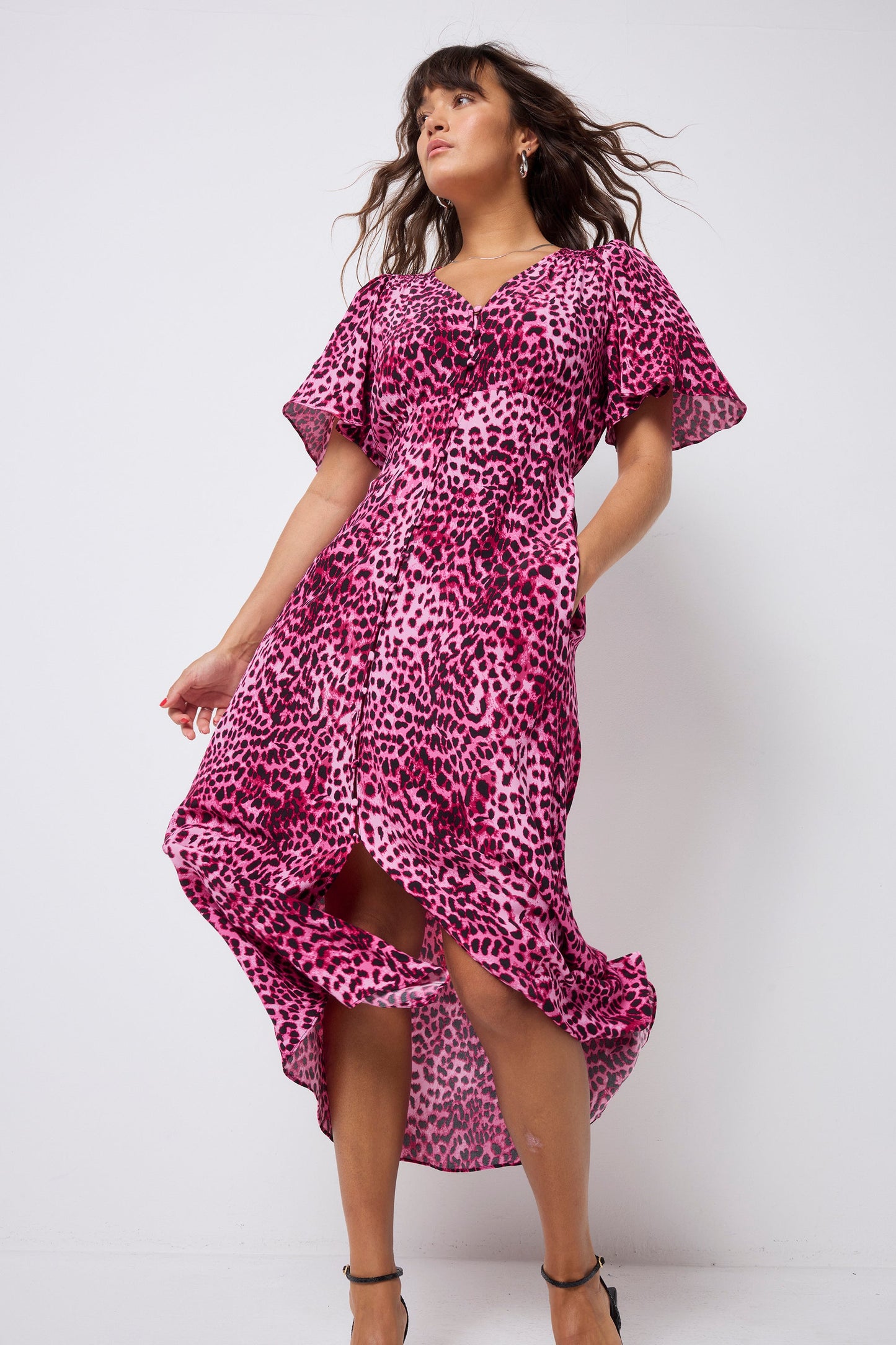 Bright Pink with Black Cheetah Angel Sleeve Midi Tea Dress
