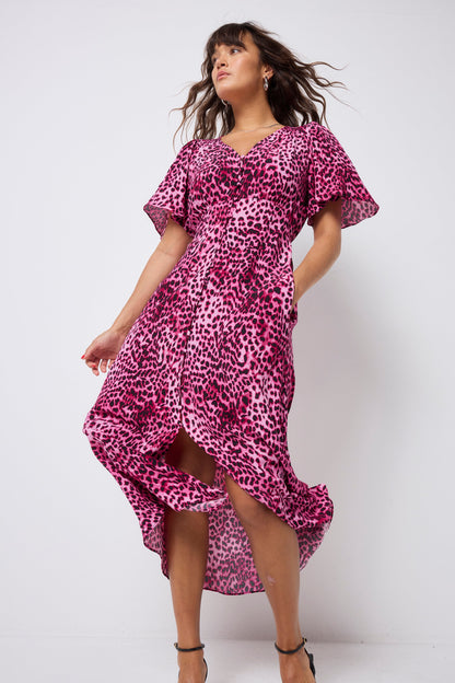 Bright Pink with Black Cheetah Angel Sleeve Midi Tea Dress