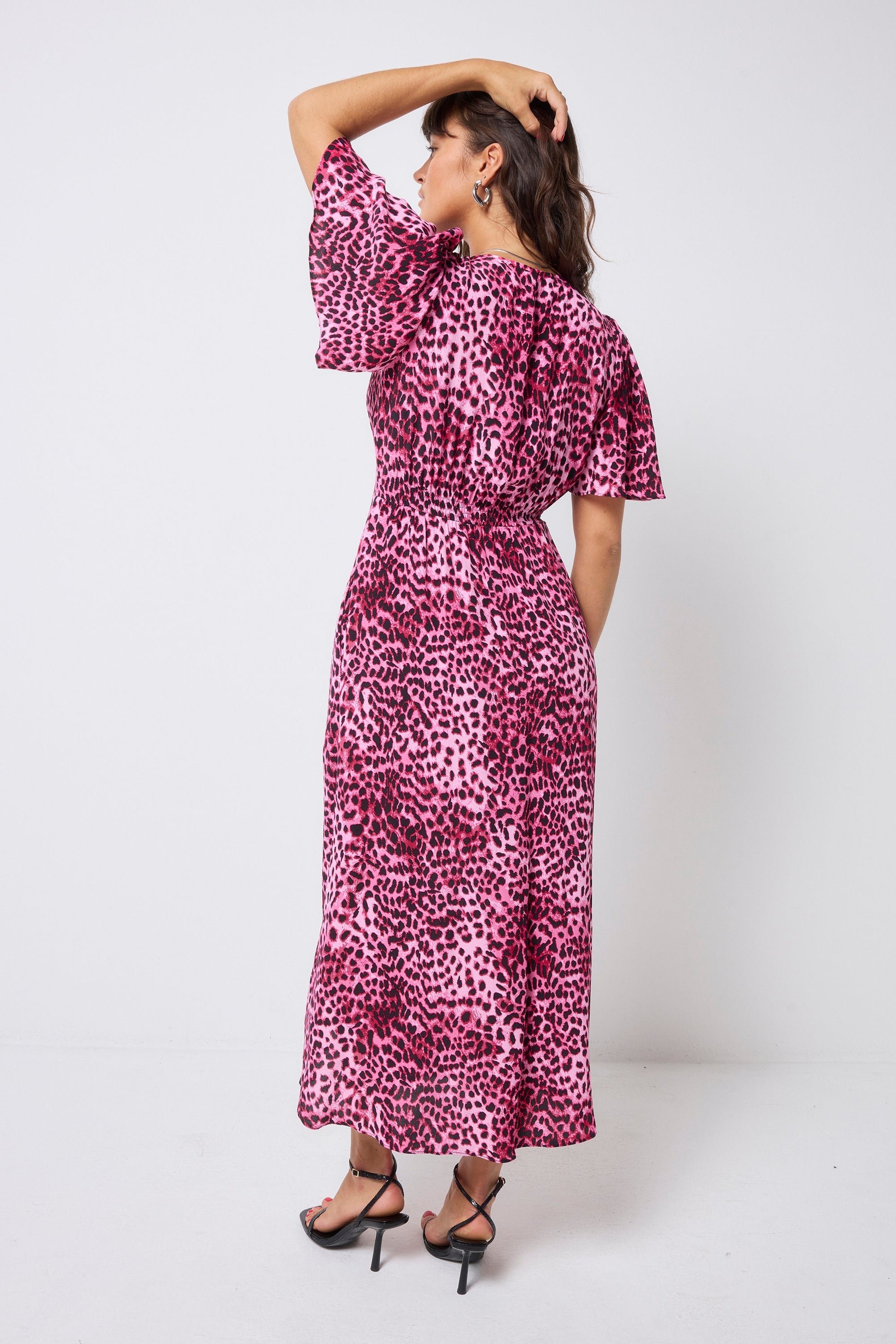 Bright Pink with Black Cheetah Angel Sleeve Midi Tea Dress