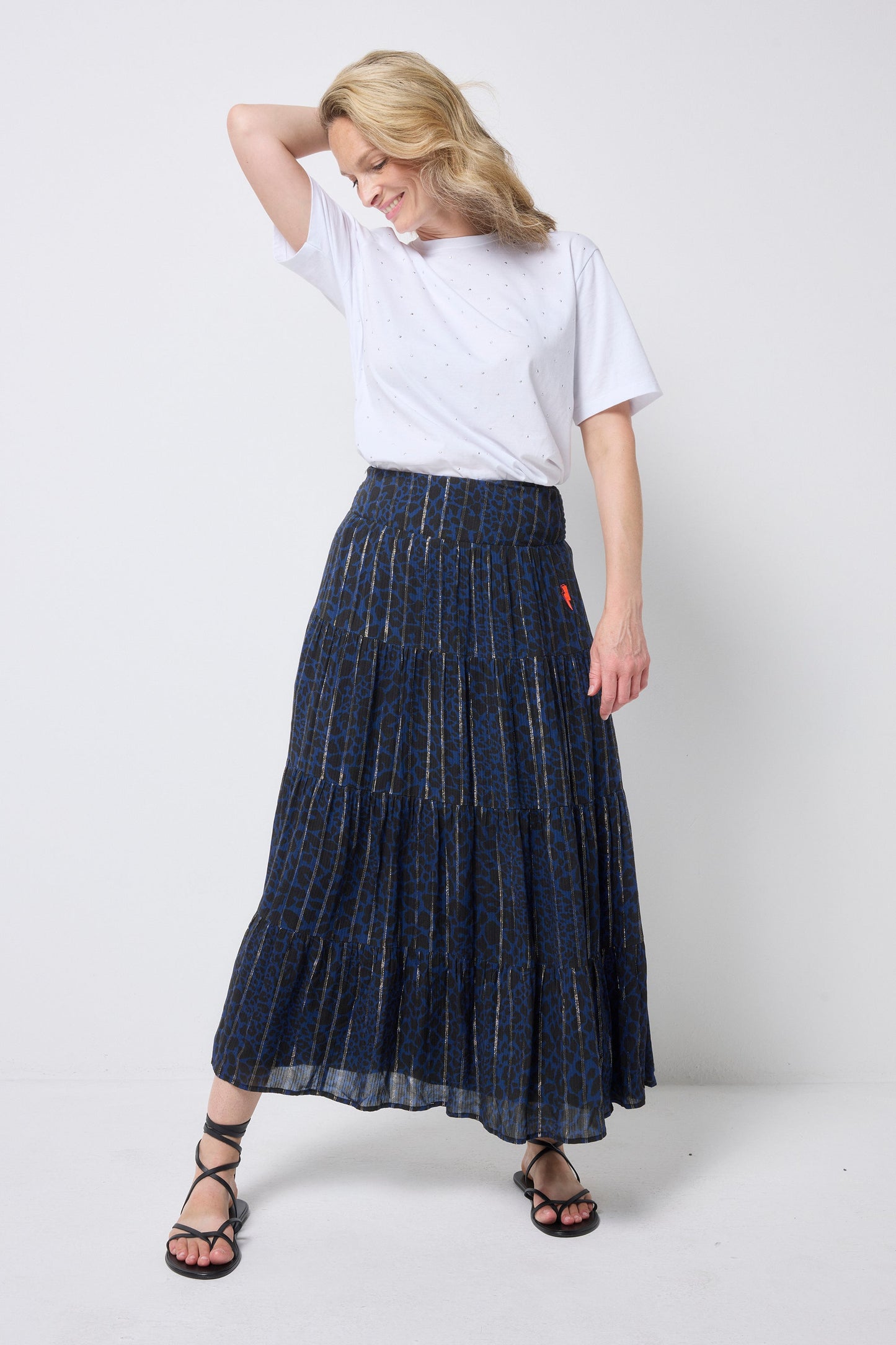 Navy with Black Rock and Roll Leopard Metallic Maxi Skirt