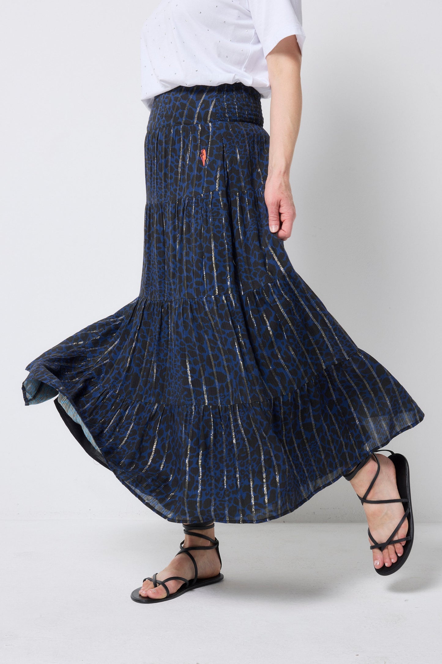 Navy with Black Rock and Roll Leopard Metallic Maxi Skirt