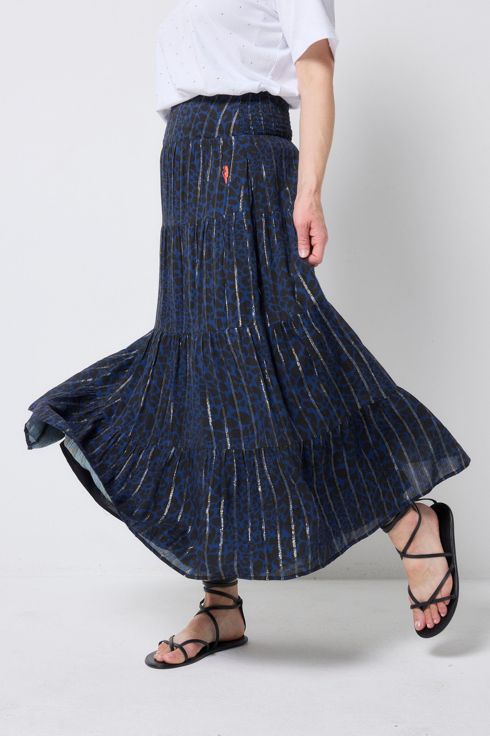 Navy with Black Rock and Roll Leopard Metallic Maxi Skirt