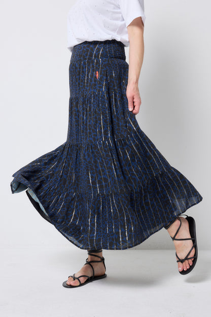 Navy with Black Rock and Roll Leopard Metallic Maxi Skirt