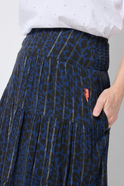 Navy with Black Rock and Roll Leopard Metallic Maxi Skirt