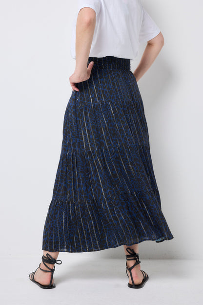 Navy with Black Rock and Roll Leopard Metallic Maxi Skirt