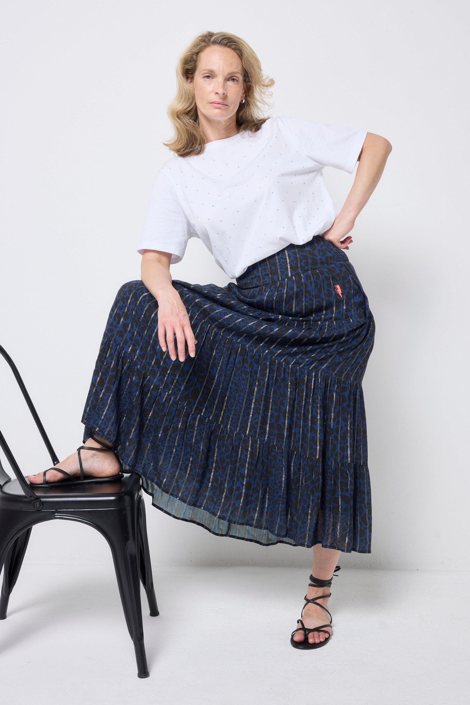 Navy with Black Rock and Roll Leopard Metallic Maxi Skirt