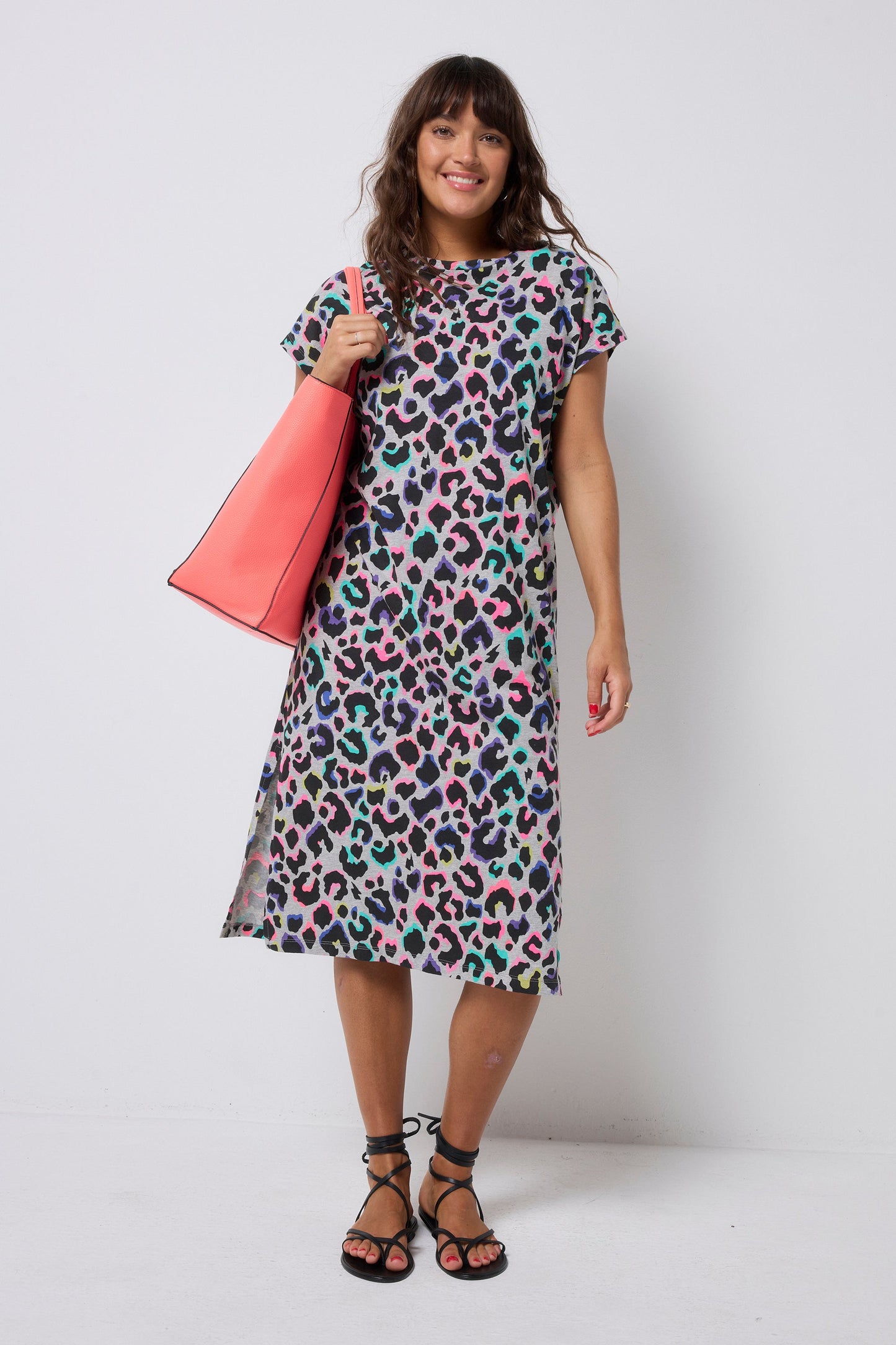 Grey with Rainbow Shadow Leopard Midi T-Shirt Dress