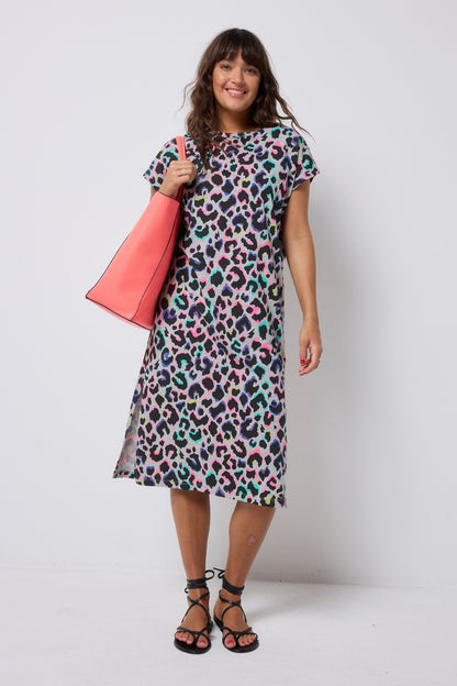 Grey with Rainbow Shadow Leopard Midi T-Shirt Dress