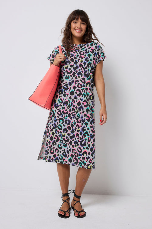 Grey with Rainbow Shadow Leopard Midi T-Shirt Dress