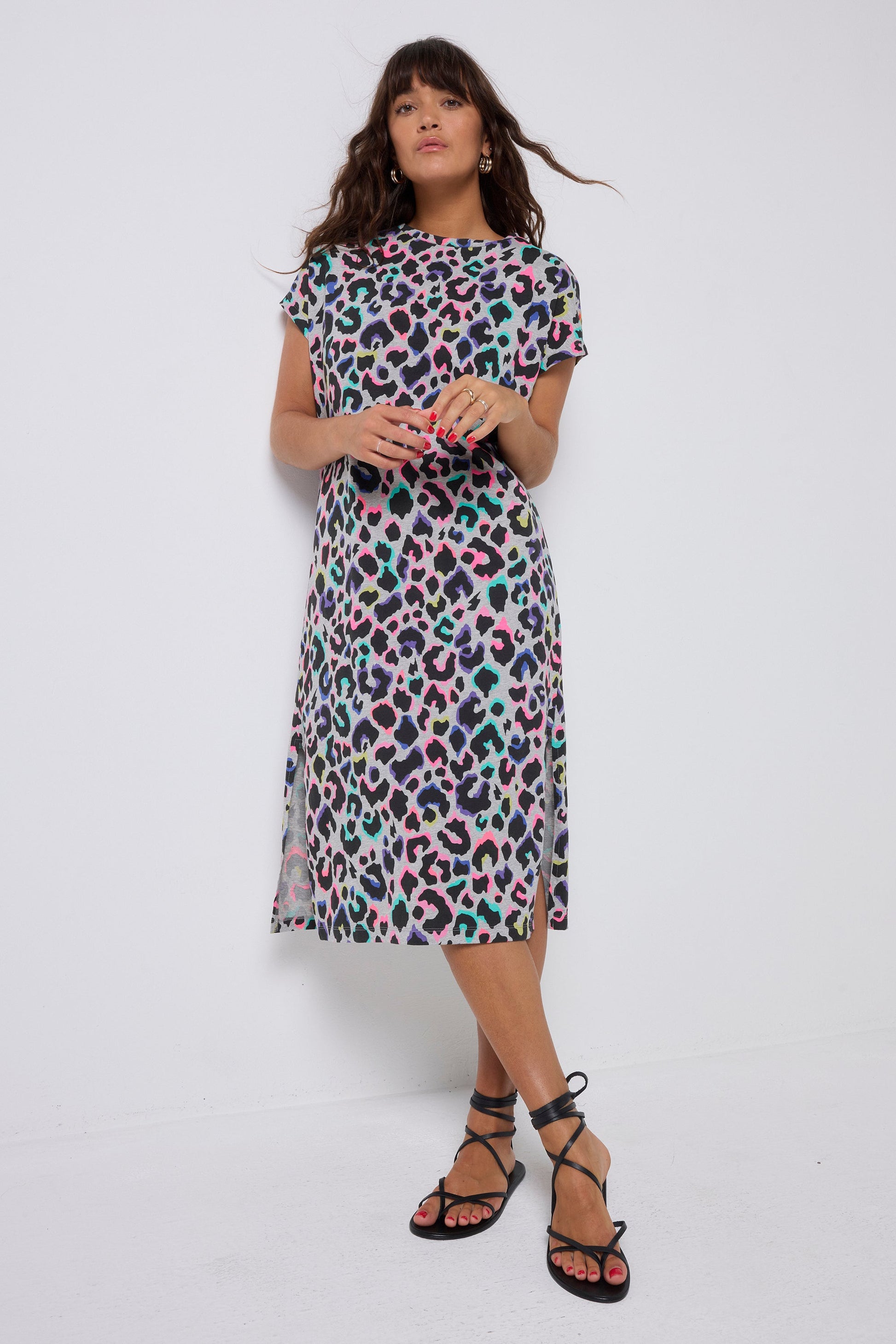 Grey with Rainbow Shadow Leopard Midi T-Shirt Dress