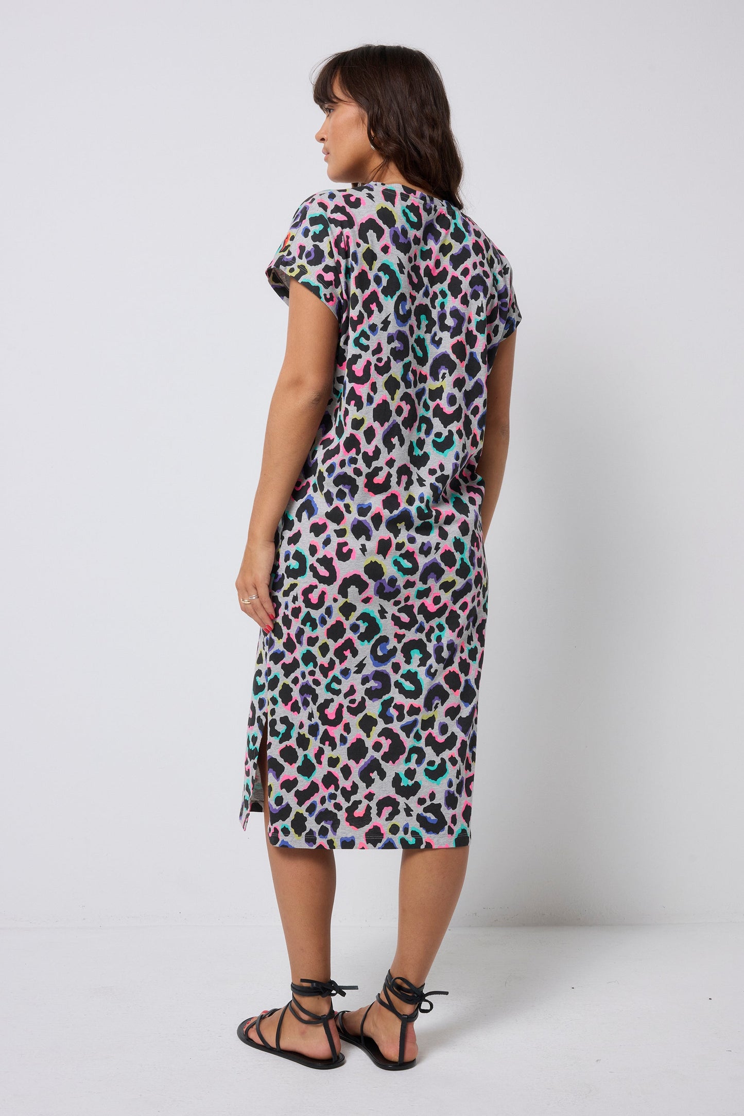 Grey with Rainbow Shadow Leopard Midi T-Shirt Dress