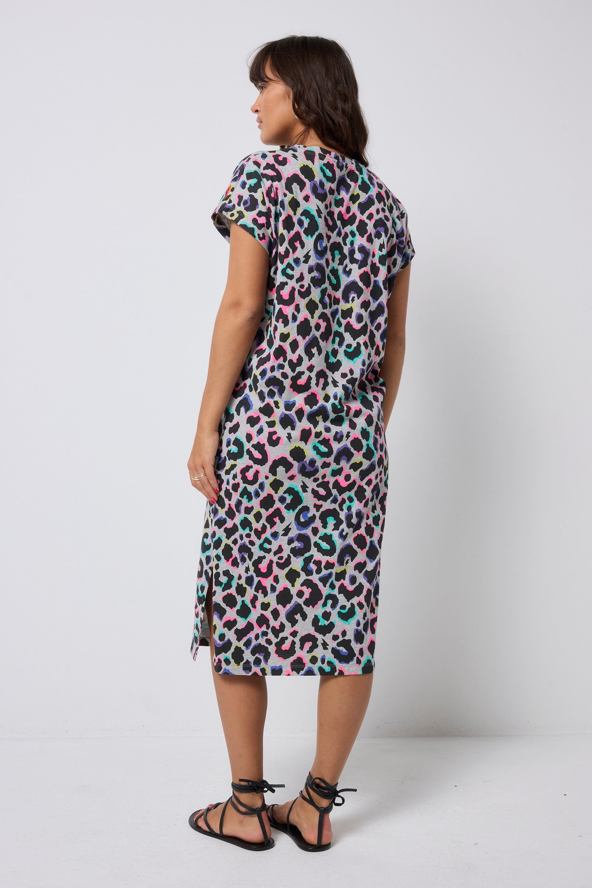 Grey with Rainbow Shadow Leopard Midi T-Shirt Dress