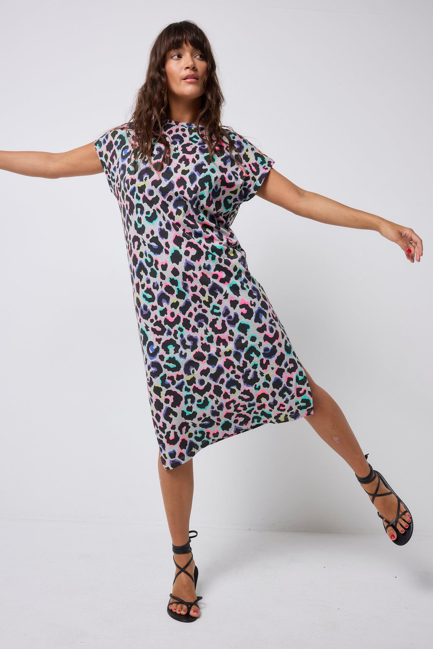 Grey with Rainbow Shadow Leopard Midi T-Shirt Dress