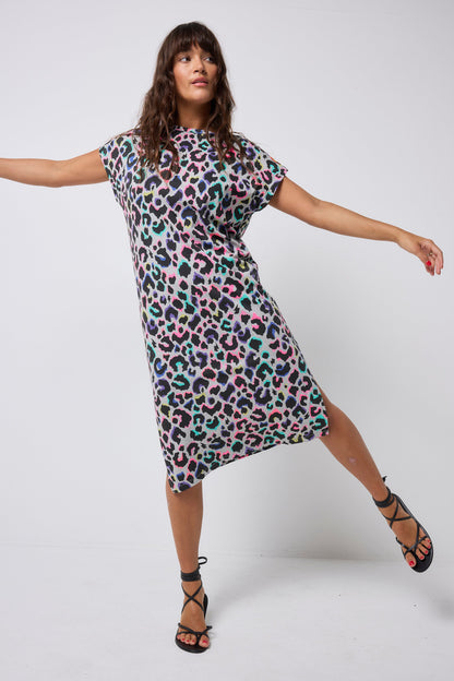 Grey with Rainbow Shadow Leopard Midi T-Shirt Dress
