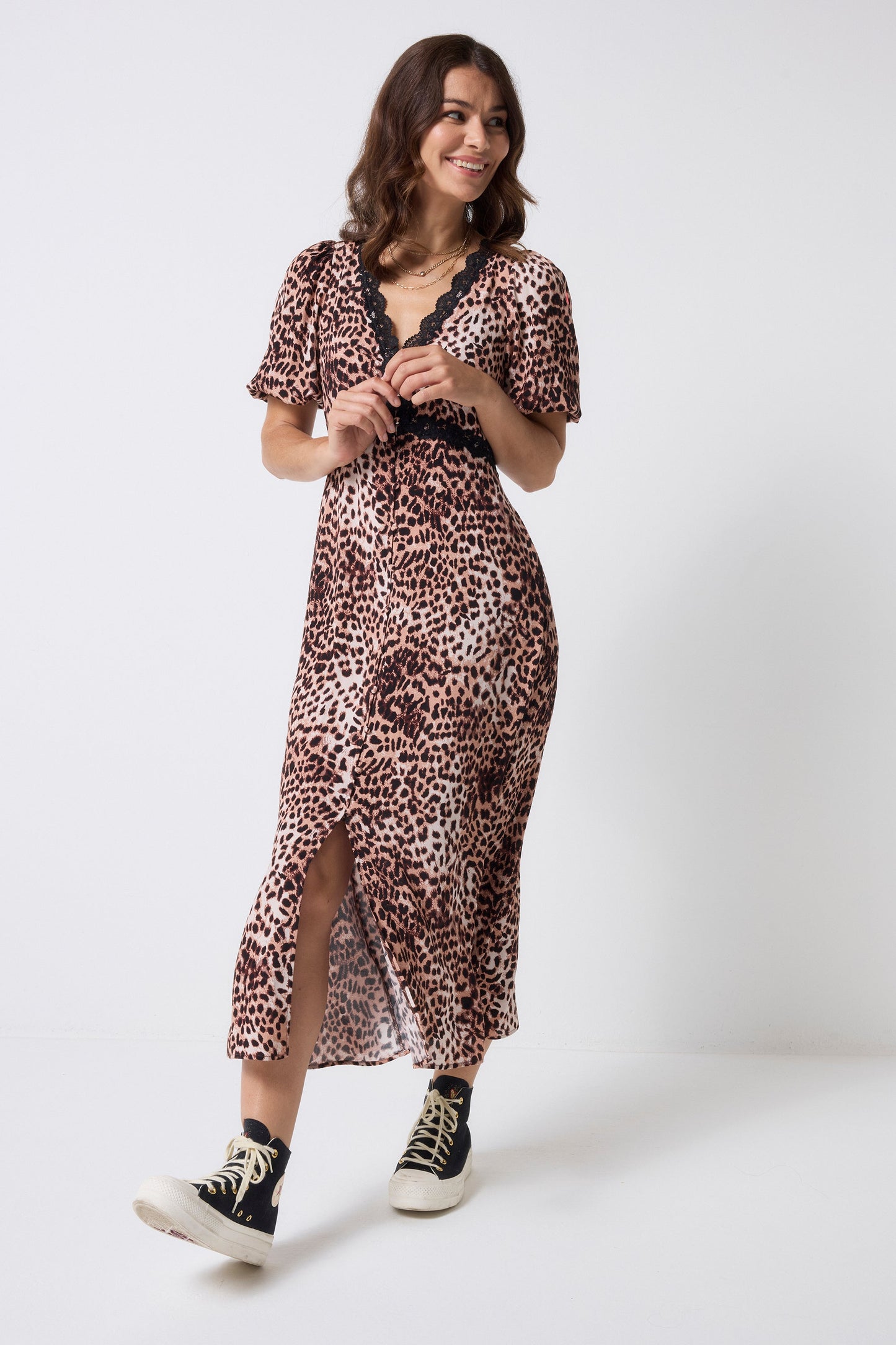 Neutral with Black Cheetah Lace Trim Puff Sleeve Midi Tea Dress