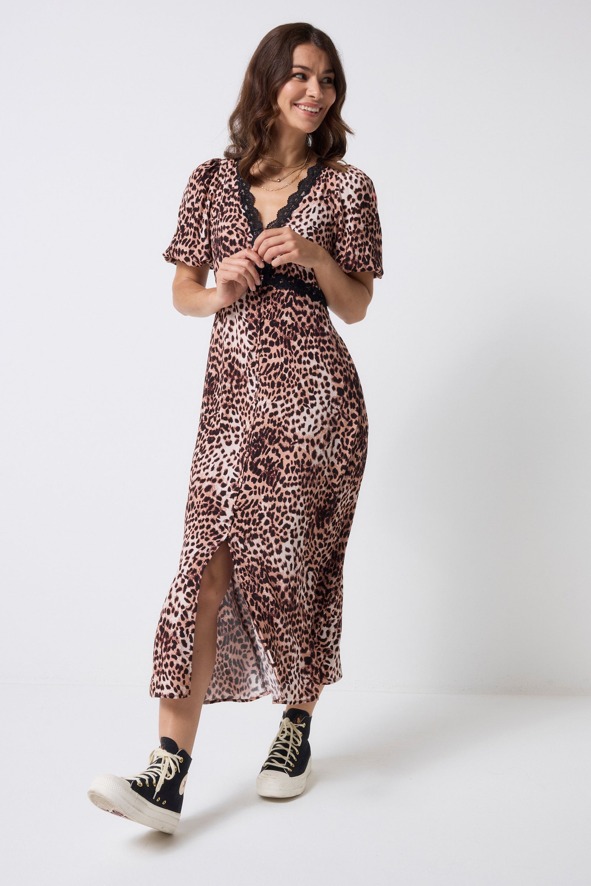 Neutral with Black Cheetah Lace Trim Puff Sleeve Midi Tea Dress