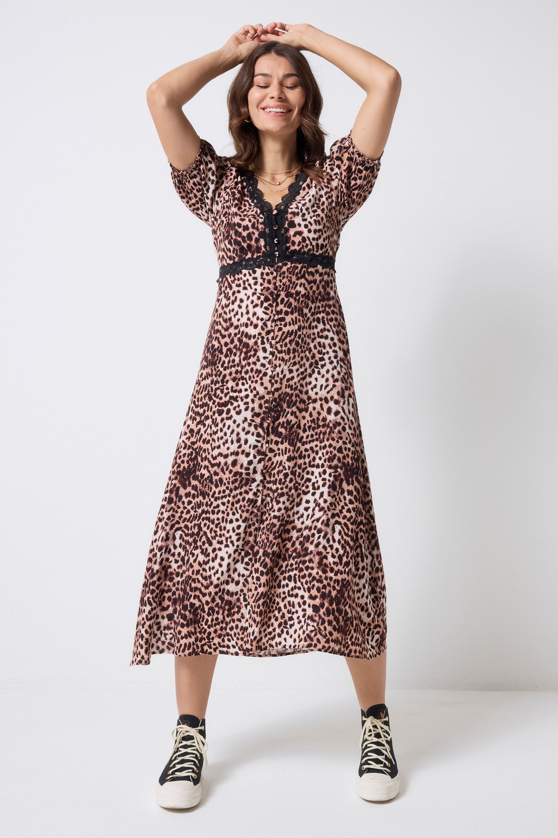 Neutral with Black Cheetah Lace Trim Puff Sleeve Midi Tea Dress