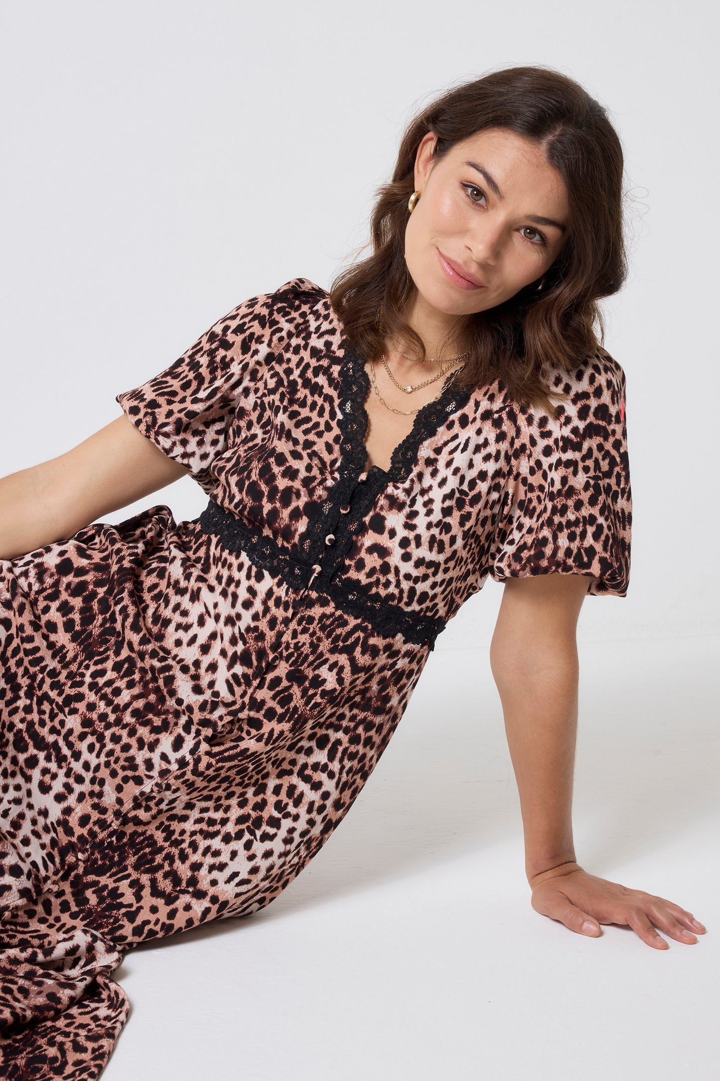 Neutral with Black Cheetah Lace Trim Puff Sleeve Midi Tea Dress