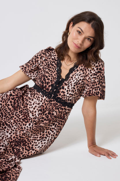 Neutral with Black Cheetah Lace Trim Puff Sleeve Midi Tea Dress