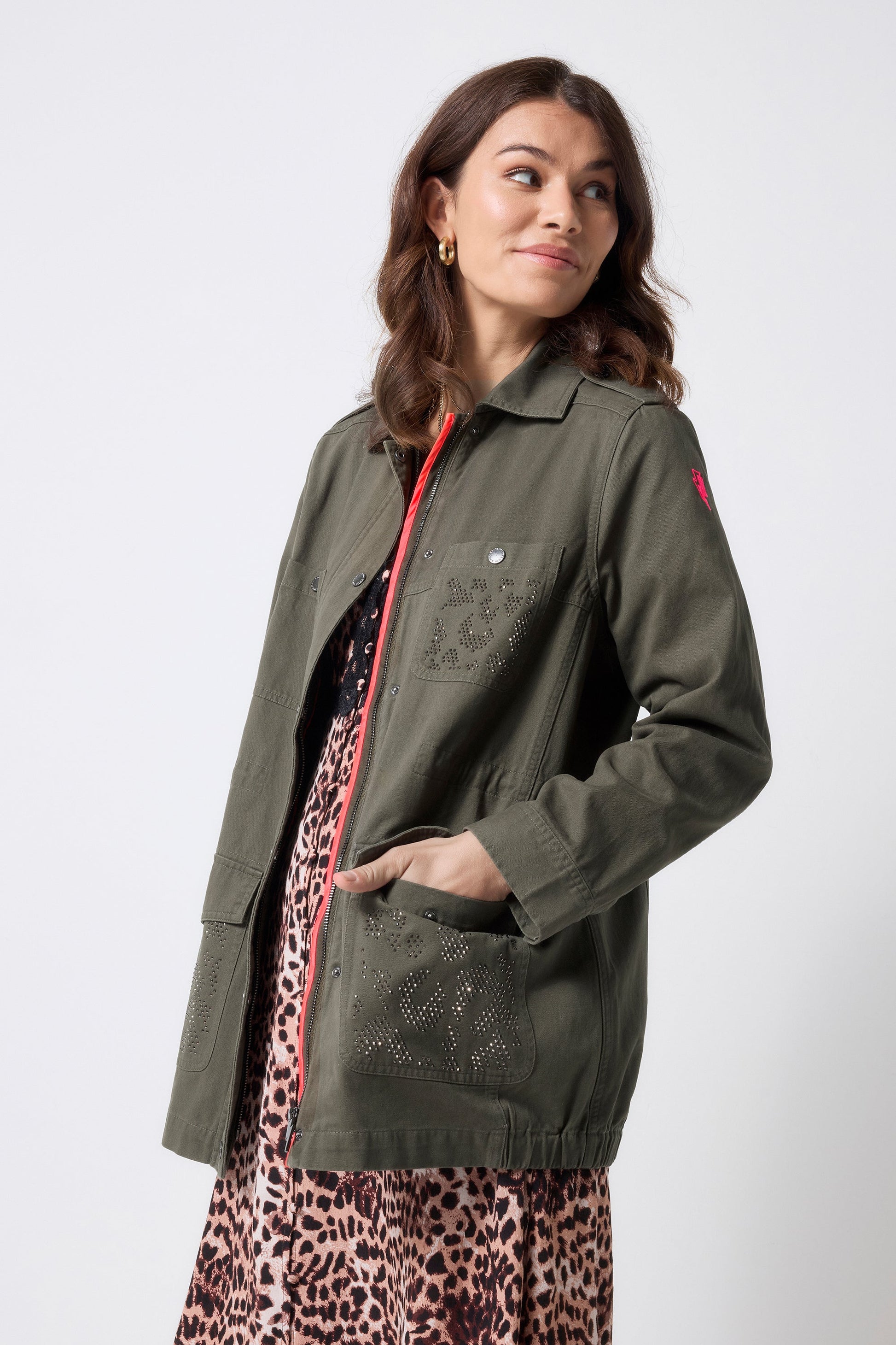 Khaki with Studded Bolt Utility Jacket