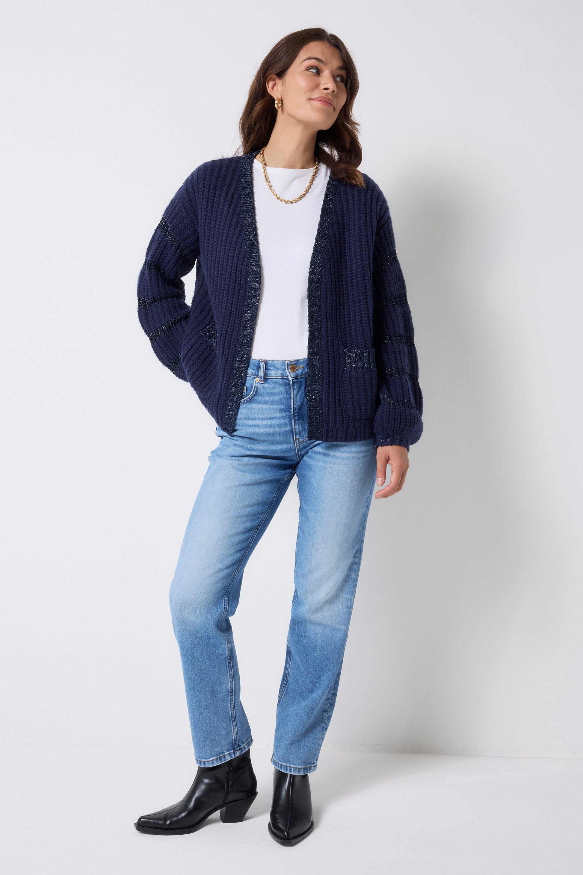 Navy Metallic Stripe Edge to Edge Cardigan