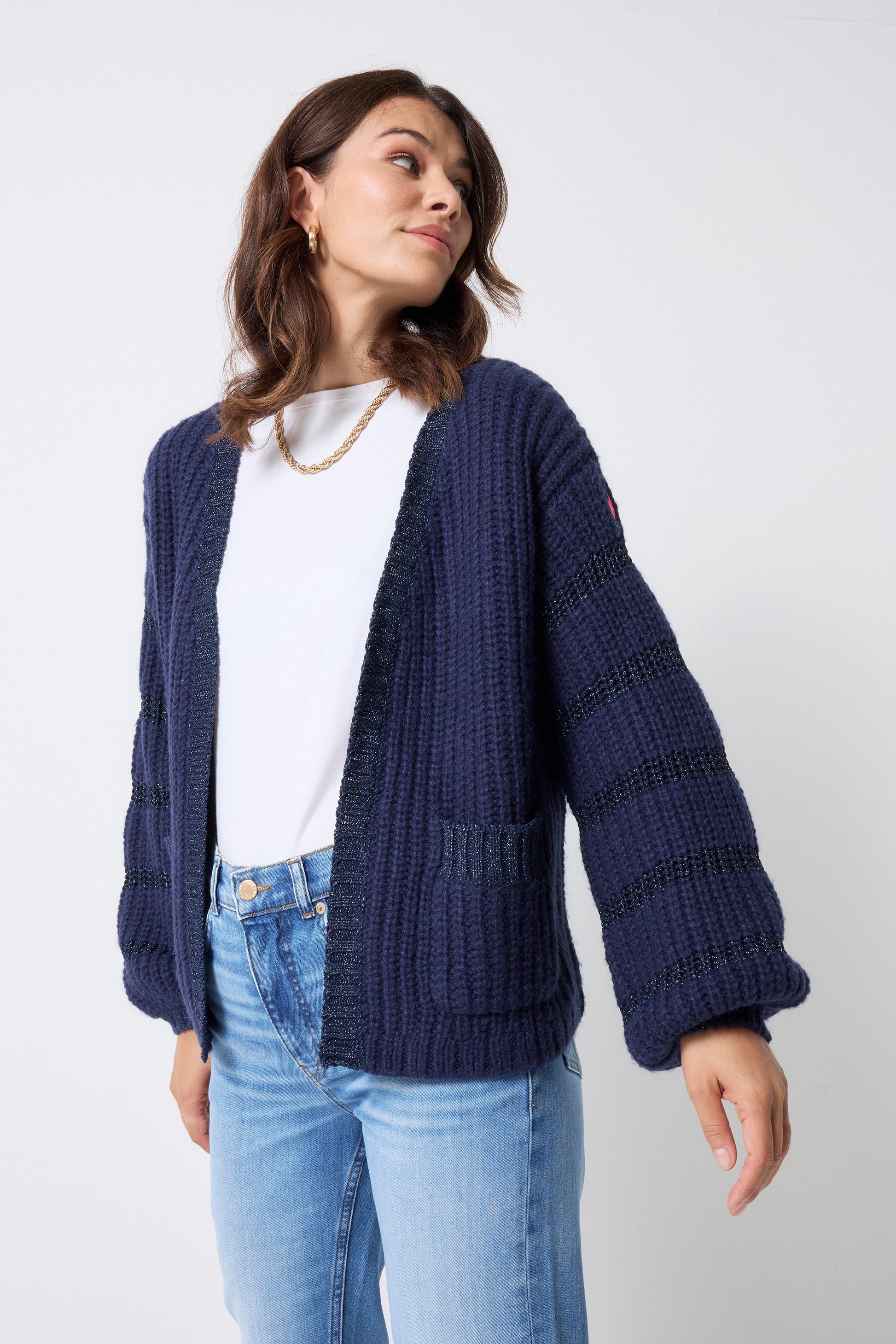 Navy Metallic Stripe Edge to Edge Cardigan