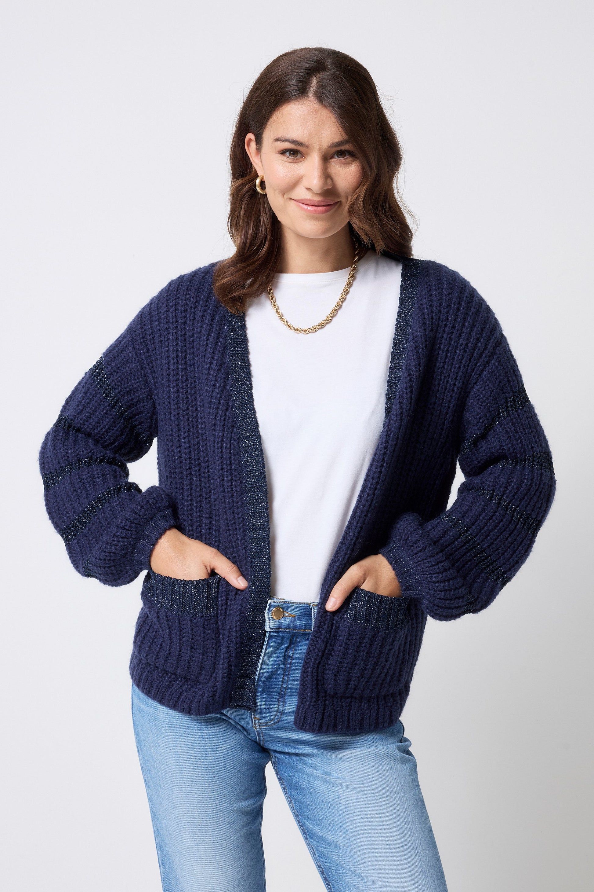 Navy Metallic Stripe Edge to Edge Cardigan