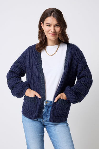 Navy Metallic Stripe Edge to Edge Cardigan